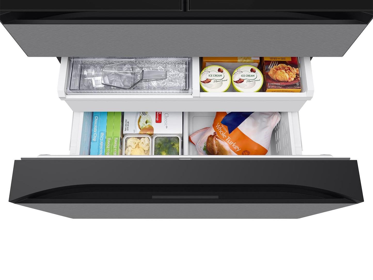Samsung RF90F23EECR Bespoke 23 Cu. Ft. Counter Depth 4-Door French Door Refrigerator With Ai Family Hub™+ & Inner Beverage Center™ In Charcoal Glass And Stainless Steel