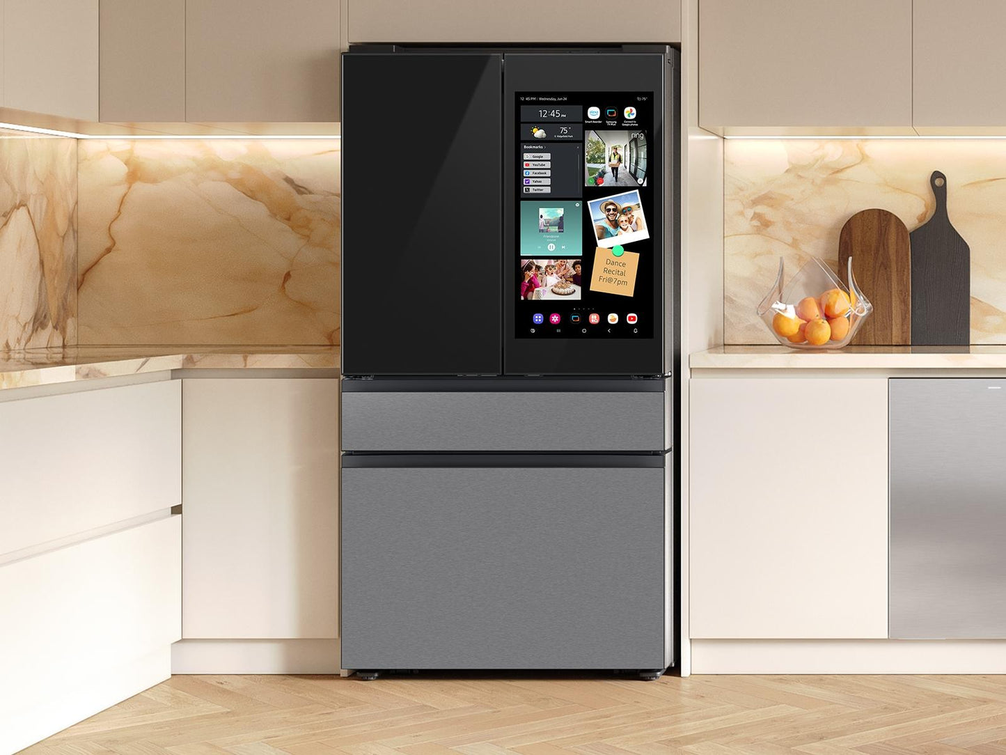 Samsung RF90F23EECR Bespoke 23 Cu. Ft. Counter Depth 4-Door French Door Refrigerator With Ai Family Hub™+ & Inner Beverage Center™ In Charcoal Glass And Stainless Steel