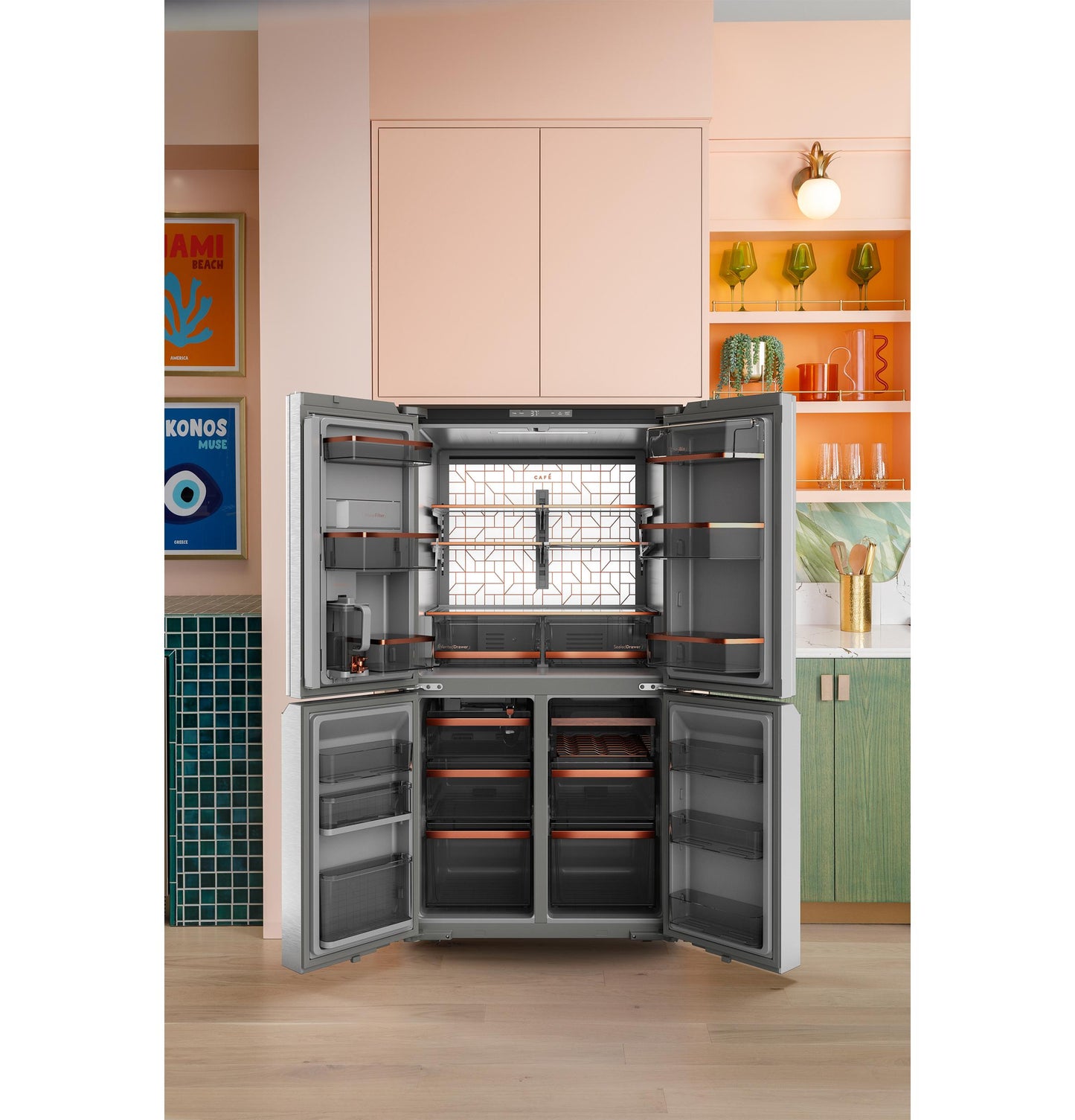 Cafe CHE23DM5WS5 Café™ Energy Star® 22.9 Cu. Ft. Smart Counter-Depth Quad-Door Refrigerator In Platinum Glass With Dual-Dispense Autofill Pitcher