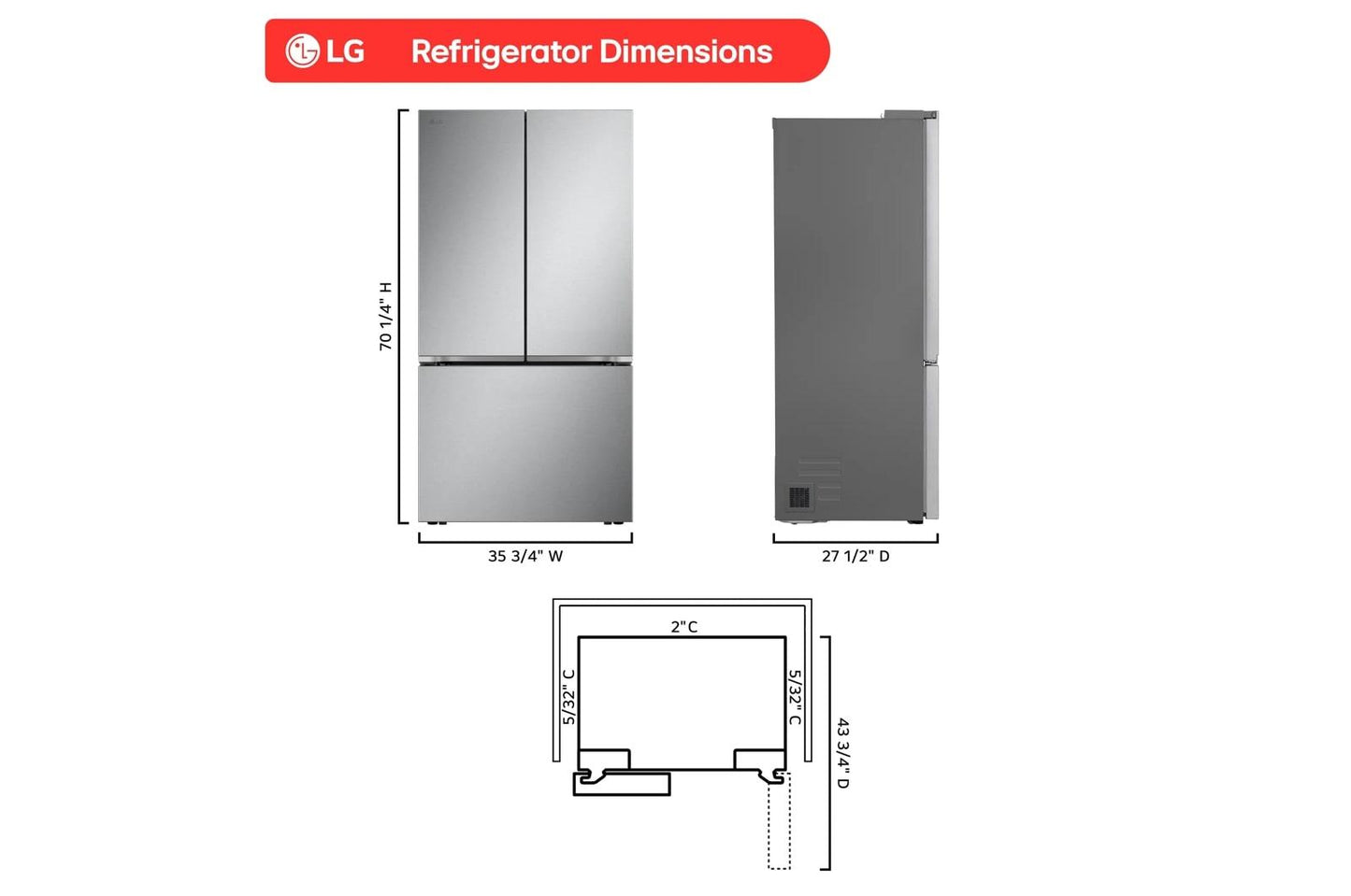 Lg LF25Z6211S 25 Cu. Ft. Counter-Depth Max™ With Zero Clearance™ 3-Door French Door Refrigerator With Thin Door Design