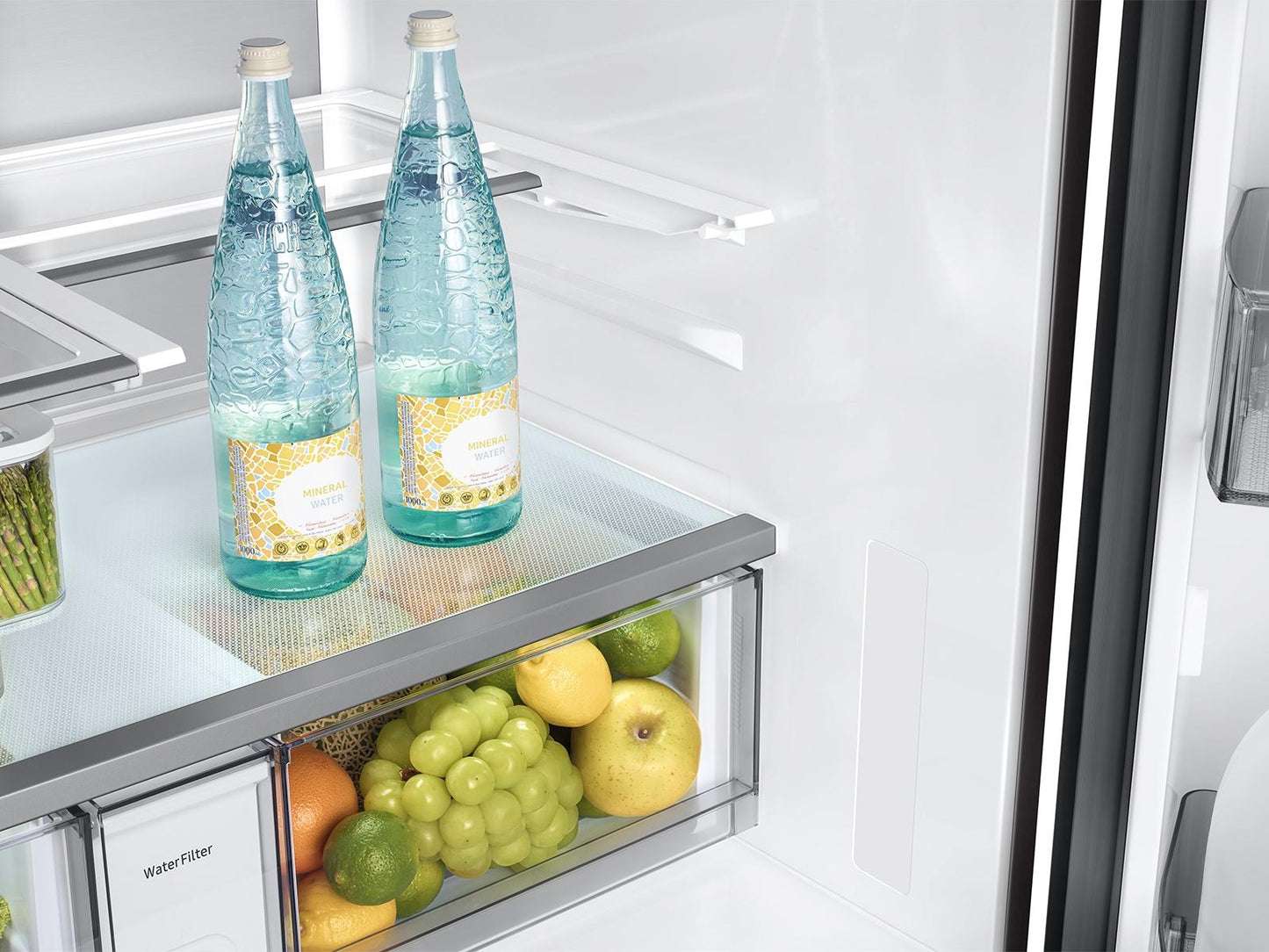 Samsung RF90F23EECR Bespoke 23 Cu. Ft. Counter Depth 4-Door French Door Refrigerator With Ai Family Hub™+ & Inner Beverage Center™ In Charcoal Glass And Stainless Steel