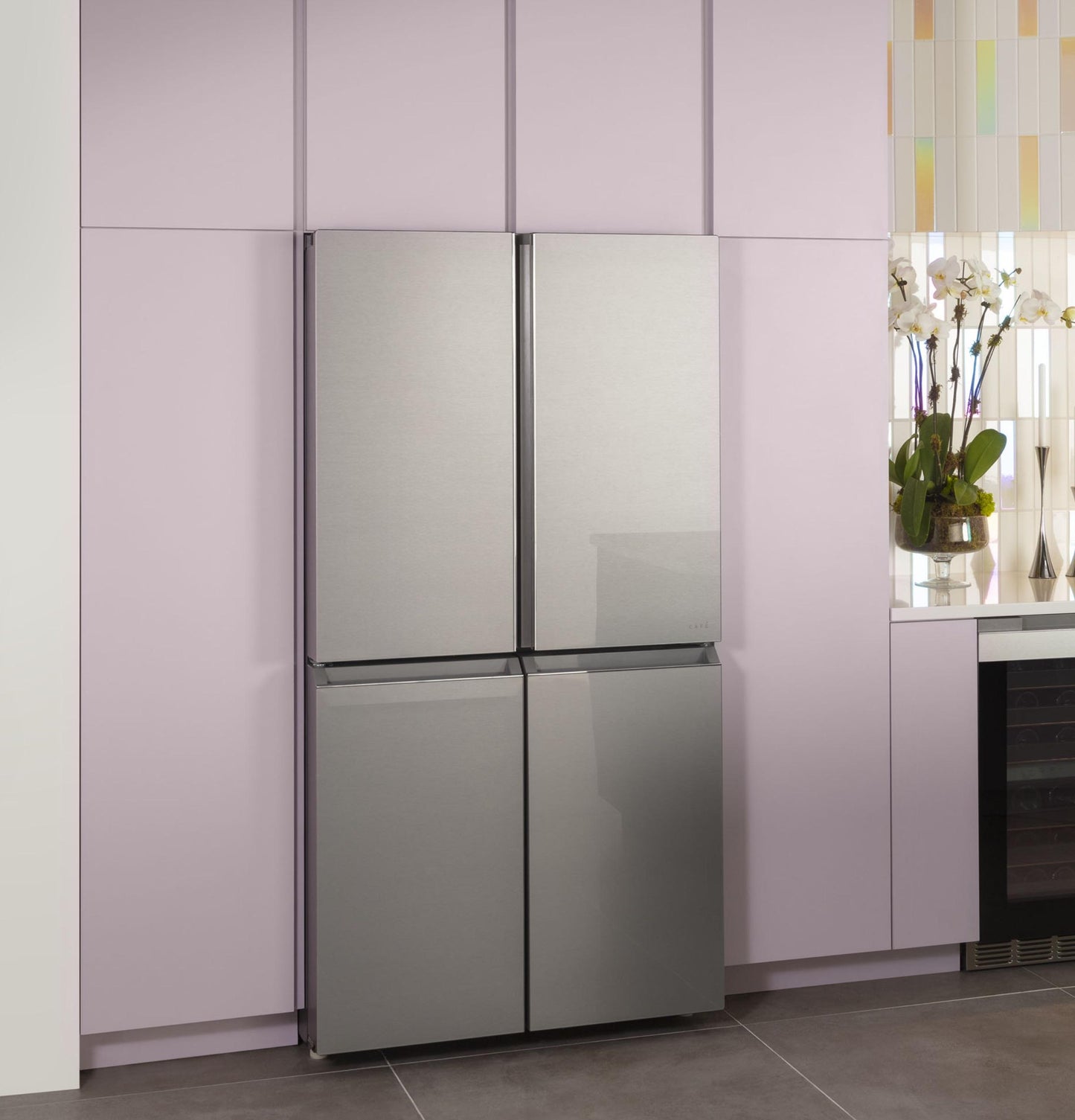 Cafe CHE23DM5WS5 Café™ Energy Star® 22.9 Cu. Ft. Smart Counter-Depth Quad-Door Refrigerator In Platinum Glass With Dual-Dispense Autofill Pitcher