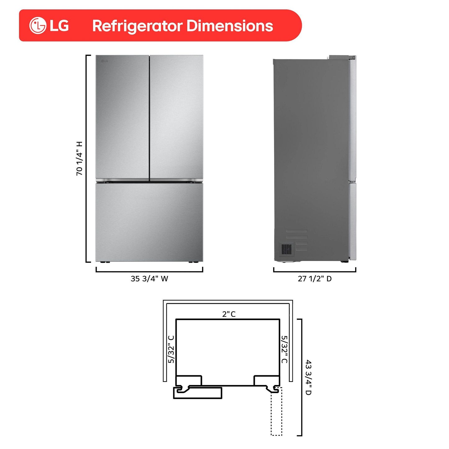 Lg LF25Z6211S 25 Cu. Ft. Counter-Depth Max™ With Zero Clearance™ 3-Door French Door Refrigerator With Thin Door Design