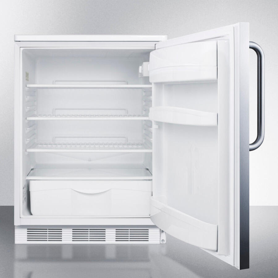 Summit FF6LSSTB Freestanding Counter Height All-Refrigerator For General Purpose Use, Auto Defrost W/Lock, Stainless Steel Wrapped Door, Towel Bar Handle, And White Cabinet