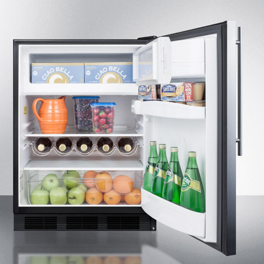 Summit CT663BBISSHV Built-In Undercounter Refrigerator-Freezer For Residential Use, Cycle Defrost W/Deluxe Interior, Stainless Steel Wrapped Door, Thin Handle, And Black Cabinet