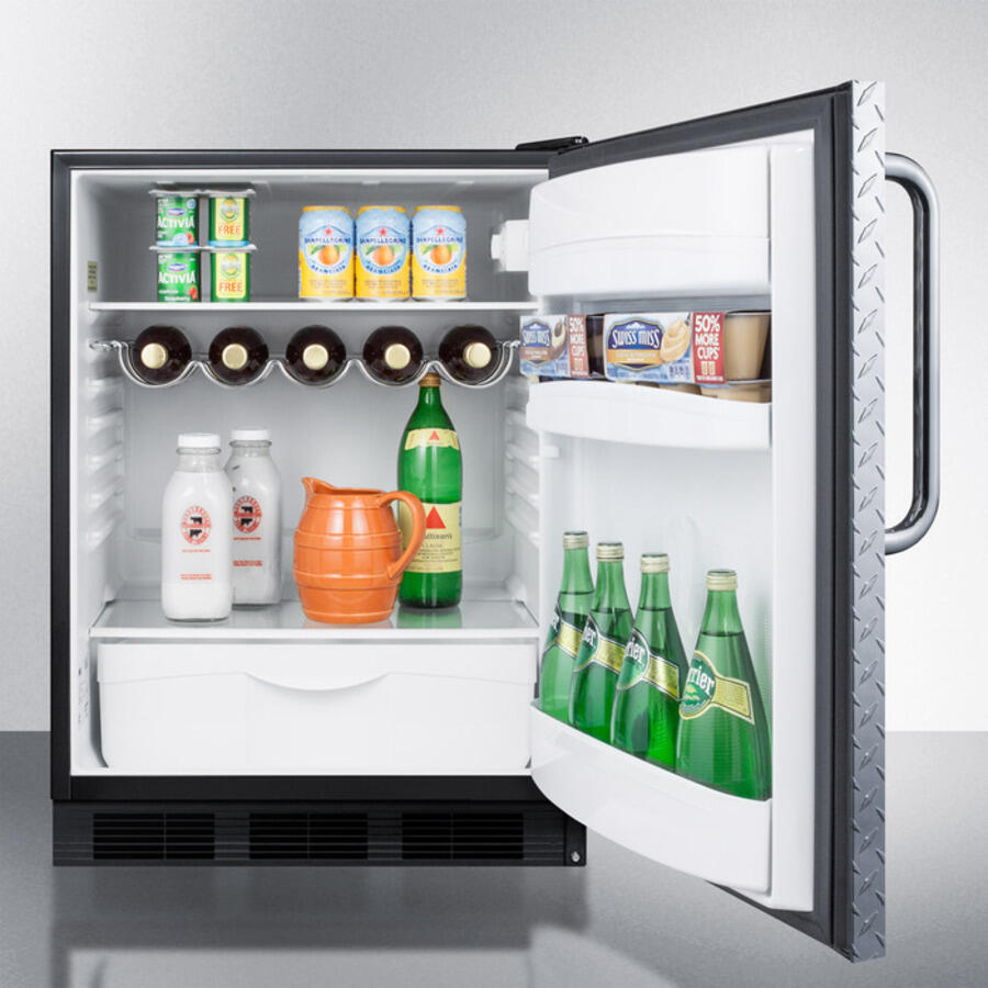 Summit FF63BDPLADA Ada Compliant Freestanding All-Refrigerator For Residential Use, Auto Defrost With Black Cabinet, Diamond Plate Wrapped Door, And Towel Bar Handle