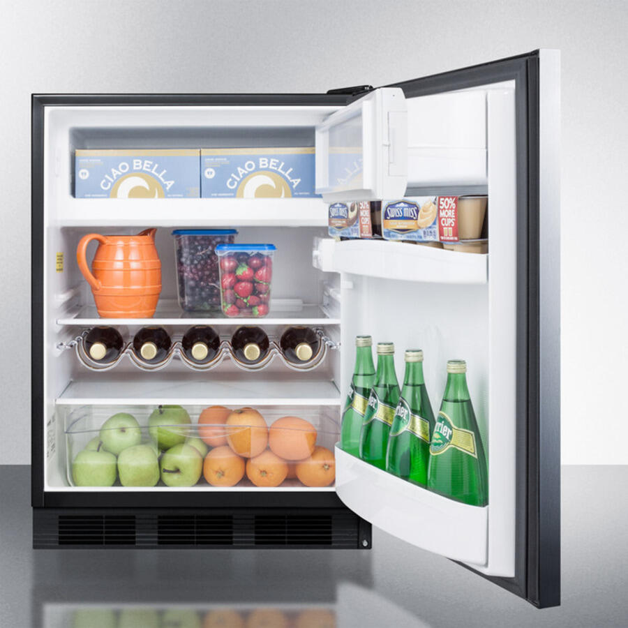 Summit CT663BSSHH Freestanding Counter Height Refrigerator-Freezer For Residential Use, Cycle Defrost With A Stainless Steel Wrapped Door, Towel Bar Handle, And Black Cabinet