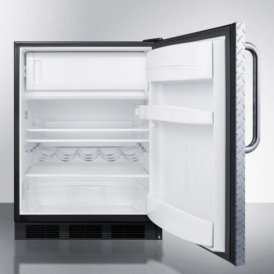 Summit CT663BBIDPL Built-In Undercounter Refrigerator-Freezer For Residential Use, Cycle Defrost With A Diamond Plate Wrapped Door, Towel Bar Handle, And Black Cabinet