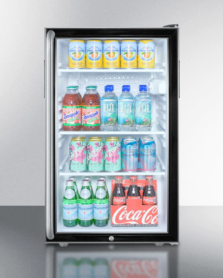 Summit SCR500BLBI7SHADA Commercially Listed Ada Compliant 20" Wide Glass Door All-Refrigerator For Built-In Use, Auto Defrost With A Lock, Long Towel Bar Handle And Black Cabinet