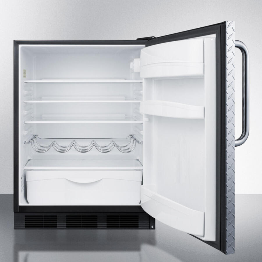 Summit FF63BDPLADA Ada Compliant Freestanding All-Refrigerator For Residential Use, Auto Defrost With Black Cabinet, Diamond Plate Wrapped Door, And Towel Bar Handle