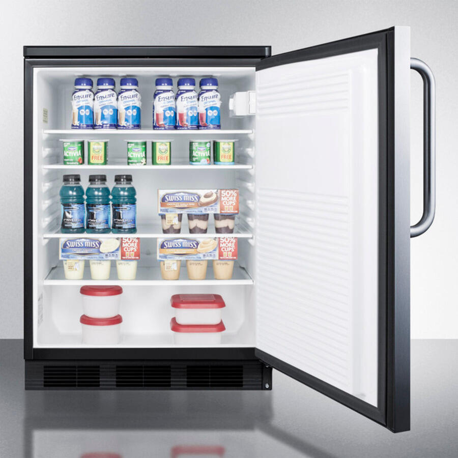 Summit FF7LBLSSTB Commercially Listed Freestanding All-Refrigerator For General Purpose Use, Auto Defrost W/Ss Wrapped Door, Towel Bar Handle, Lock, And Black Cabinet