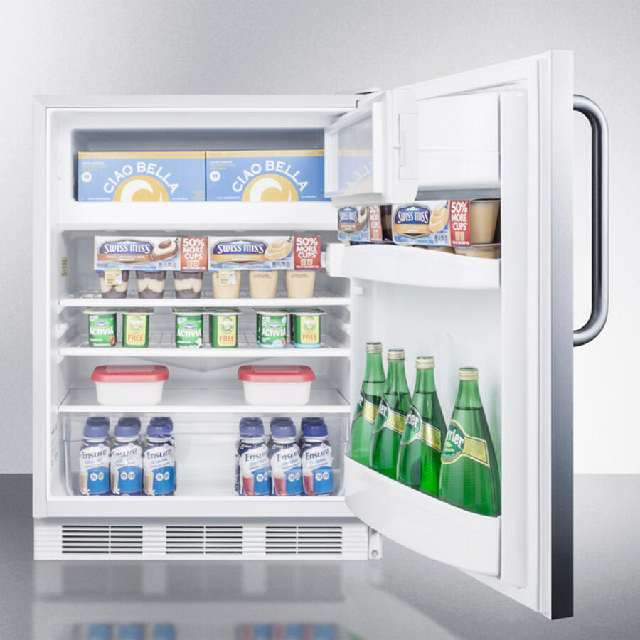Summit CT66JSSTB Freestanding Refrigerator-Freezer For General Purpose Use, With Dual Evaporator Cooling, Cycle Defrost, Ss Door, Towel Bar Handle And White Cabinet