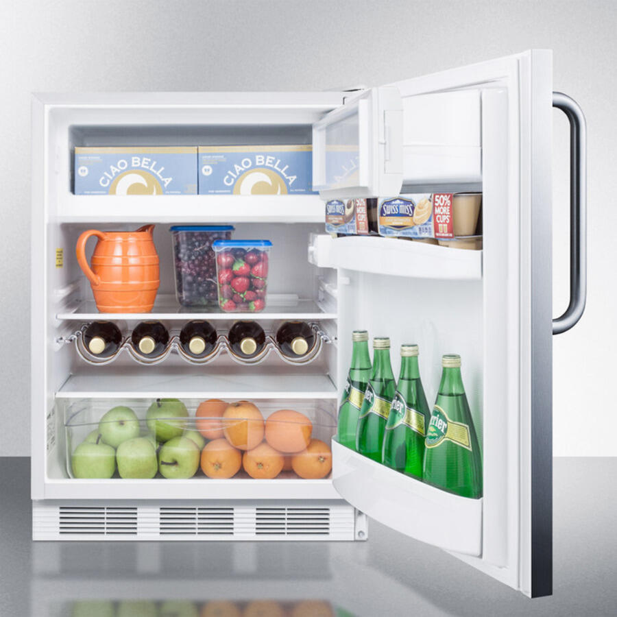 Summit CT661SSTB Freestanding Counter Height Refrigerator-Freezer For Residential Use, Cycle Defrost With A Stainless Steel Wrapped Door, Towel Bar Handle, And White Cabinet