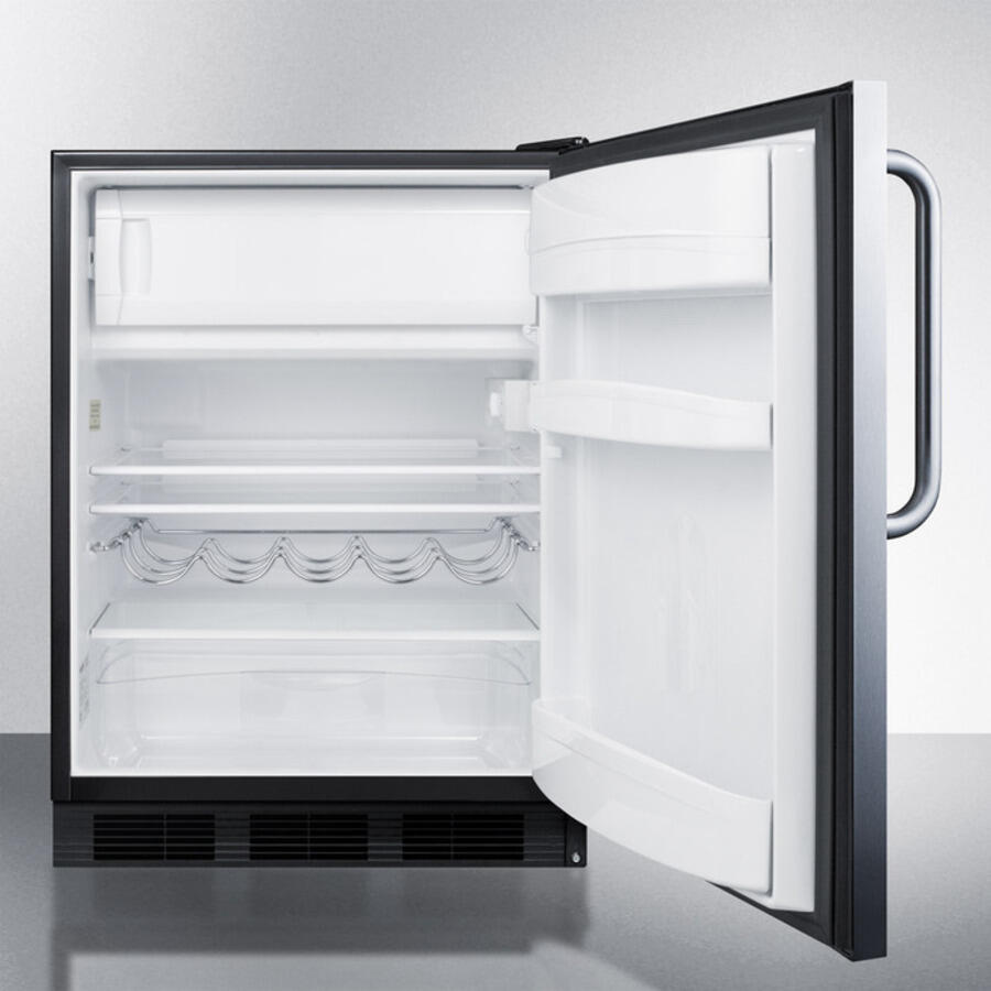 Summit CT663BBISSTB Built-In Undercounter Refrigerator-Freezer For Residential Use, Cycle Defrost With A Stainless Steel Wrapped Door, Towel Bar Handle, And Black Cabinet