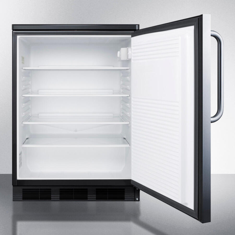 Summit FF7LBLSSTB Commercially Listed Freestanding All-Refrigerator For General Purpose Use, Auto Defrost W/Ss Wrapped Door, Towel Bar Handle, Lock, And Black Cabinet
