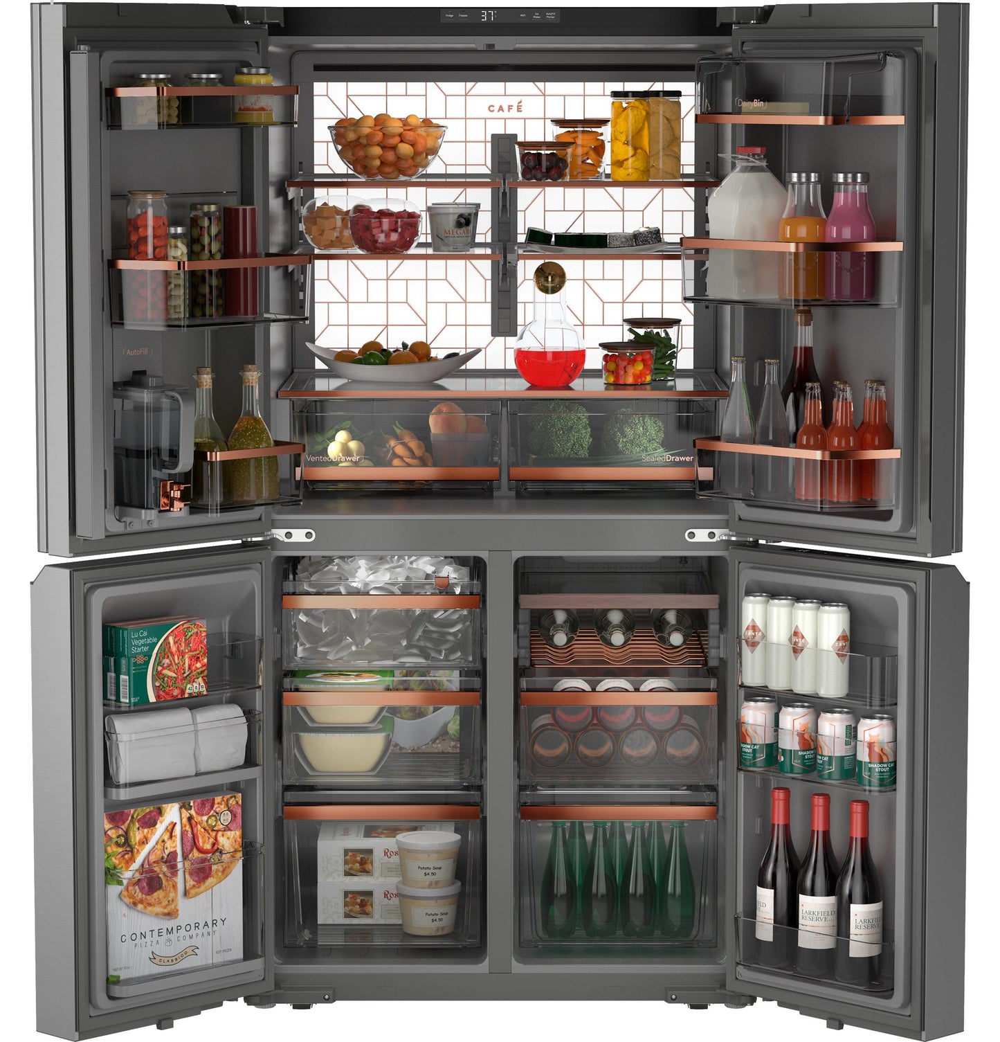 Cafe CHE23DM5WS5 Café&#8482; Energy Star® 22.9 Cu. Ft. Smart Counter-Depth Quad-Door Refrigerator In Platinum Glass With Dual-Dispense Autofill Pitcher