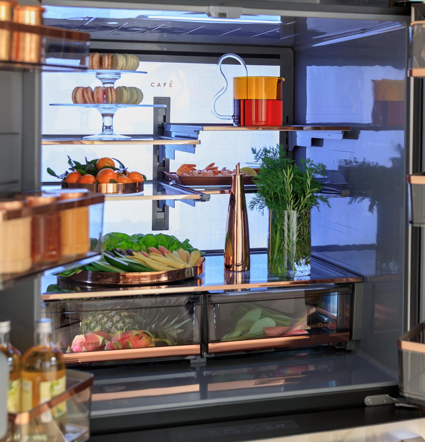 Cafe CHE23DM5WS5 Café&#8482; Energy Star® 22.9 Cu. Ft. Smart Counter-Depth Quad-Door Refrigerator In Platinum Glass With Dual-Dispense Autofill Pitcher