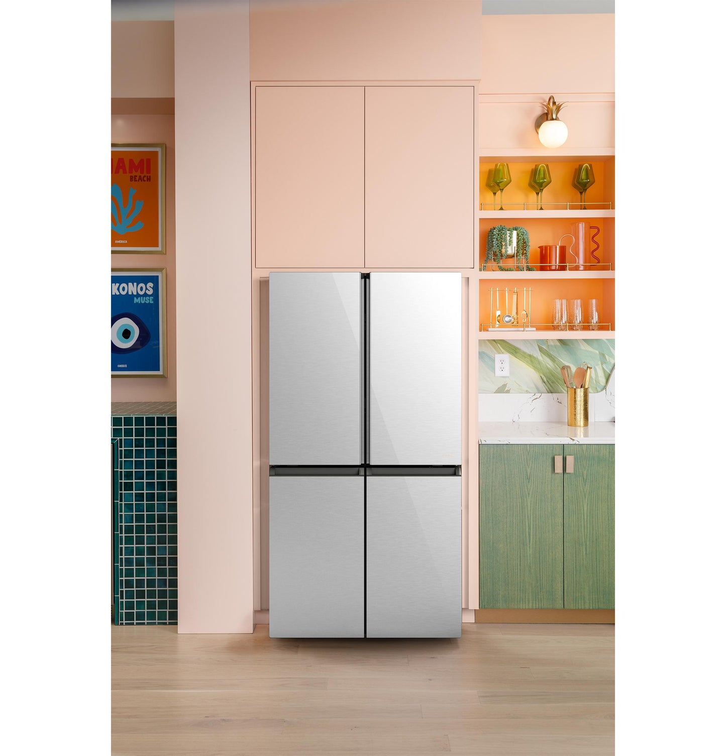 Cafe CHE23DM5WS5 Café&#8482; Energy Star® 22.9 Cu. Ft. Smart Counter-Depth Quad-Door Refrigerator In Platinum Glass With Dual-Dispense Autofill Pitcher