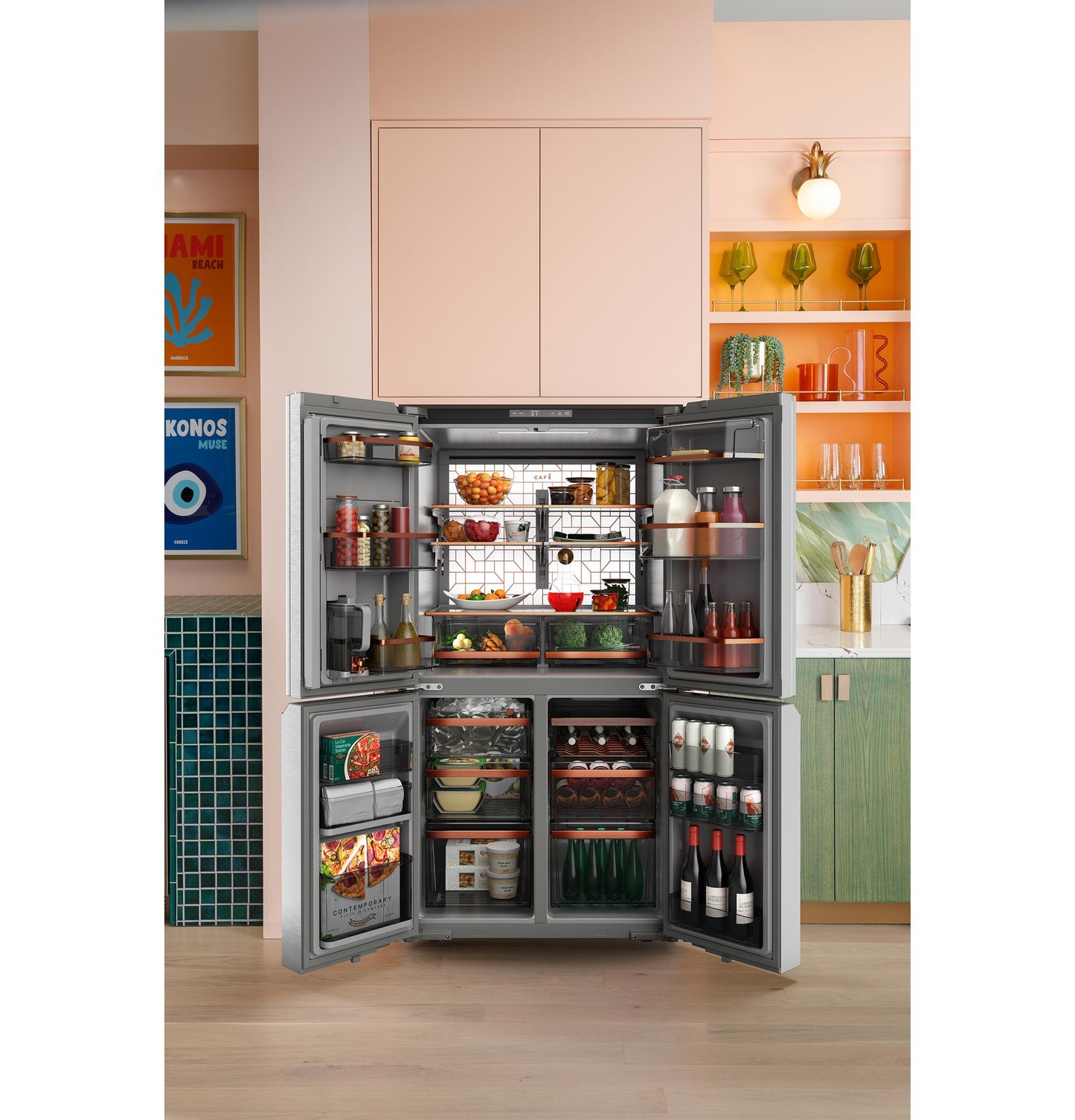 Cafe CHE23DM5WS5 Café&#8482; Energy Star® 22.9 Cu. Ft. Smart Counter-Depth Quad-Door Refrigerator In Platinum Glass With Dual-Dispense Autofill Pitcher