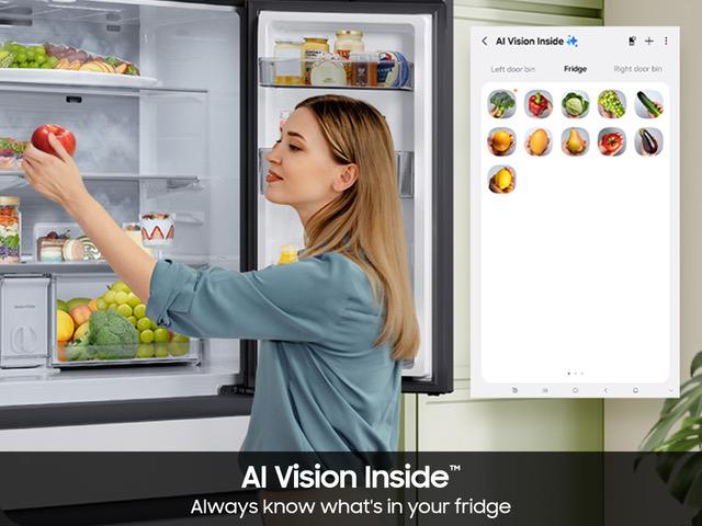 Samsung RF90F23EECR Bespoke 23 Cu. Ft. Counter Depth 4-Door French Door Refrigerator With Ai Family Hub&#8482;+ & Inner Beverage Center&#8482; In Charcoal Glass And Stainless Steel