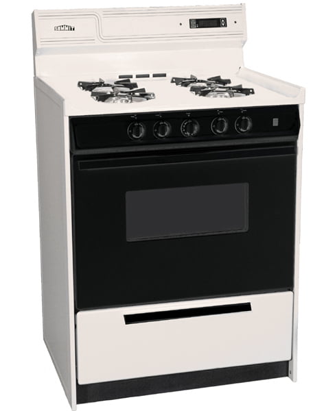 Summit SNM6307CDK Deluxe Bisque Gas Range In Slim 24" Width With Electronic Ignition, Digital Clock/Timer, Black See-Through Glass Oven Door And Light; Replaces Stm6307Dk