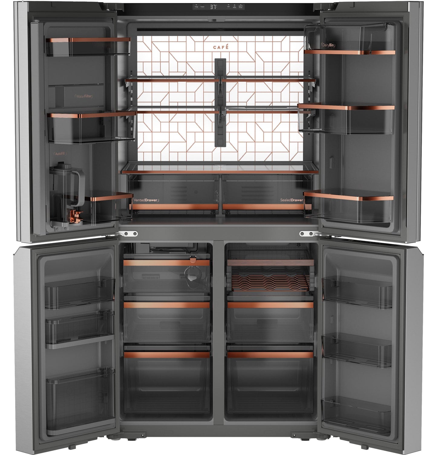 Cafe CHE23DM5WS5 Café&#8482; Energy Star® 22.9 Cu. Ft. Smart Counter-Depth Quad-Door Refrigerator In Platinum Glass With Dual-Dispense Autofill Pitcher