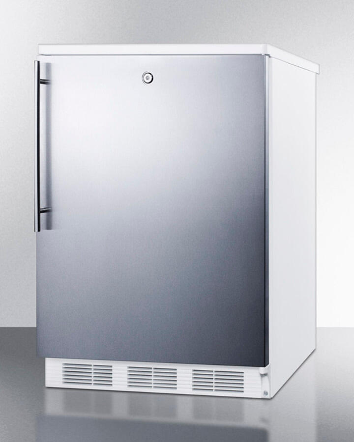Summit FF7LBISSHV Commercially Listed Built-In Undercounter All-Refrigerator For General Purpose Use, Auto Defrost W/Lock, Ss Door, Thin Handle, And White Cabinet