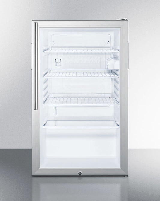 Summit SCR450L7HV Commercially Listed 20" Wide Glass Door All-Refrigerator For Freestanding Use, Auto Defrost With A Lock, White Cabinet, And Thin Handle