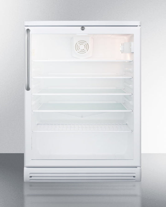 Summit SCR600GLTB Commercially Listed 5.5 Cu.Ft. Counter Height Beverage Center In A 24" Footprint, With White Cabinet, Glass Door, Towel Bar Handle, And Lock