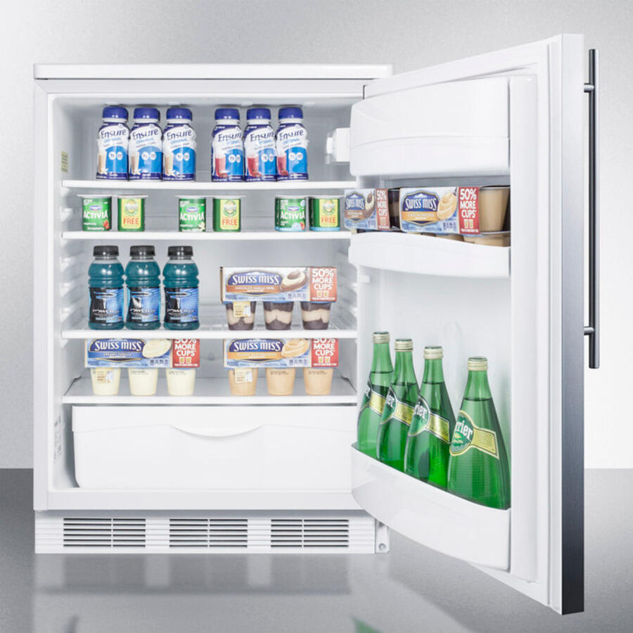 Summit FF6SSHV Freestanding Counter Height All-Refrigerator For General Purpose Use, Auto Defrost W/Stainless Steel Wrapped Door, Thin Handle, And White Cabinet