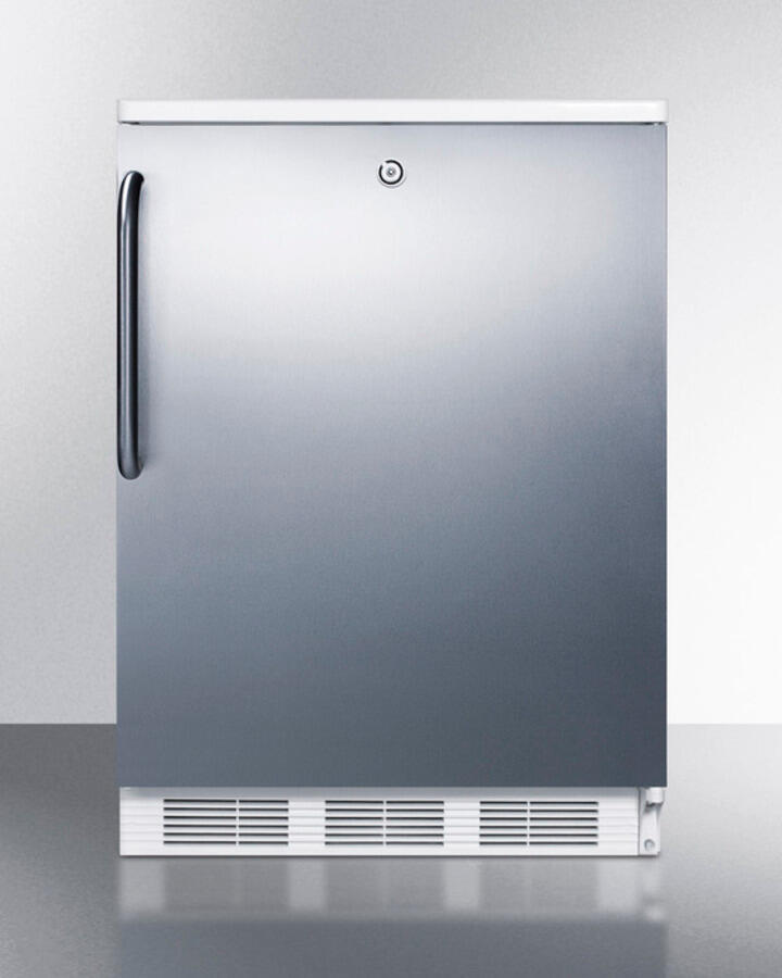 Summit FF6LBISSTB Built-In Undercounter All-Refrigerator For General Purpose Use W/Lock, Automatic Defrost, Stainless Steel Wrapped Door, Towel Bar Handle, And White Cabinet