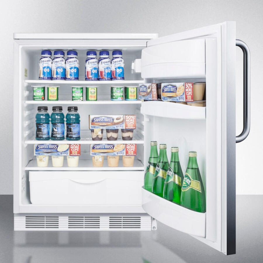 Summit FF6LBI7SSTB Commercially Listed Built-In Undercounter All-Refrigerator For General Purpose Use, Auto Defrost W/Lock, Ss Wrapped Door, Towel Bar Handle, And White Cabinet