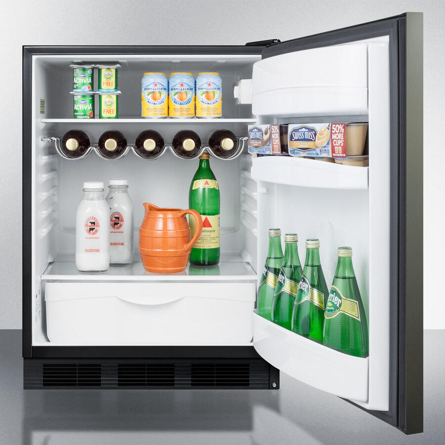 Summit FF63BBIKSHH Built-In Undercounter All-Refrigerator For Residential Use, Auto Defrost With A Black Stainless Steel Wrapped Door, Horizontal Handle, And Black Cabinet