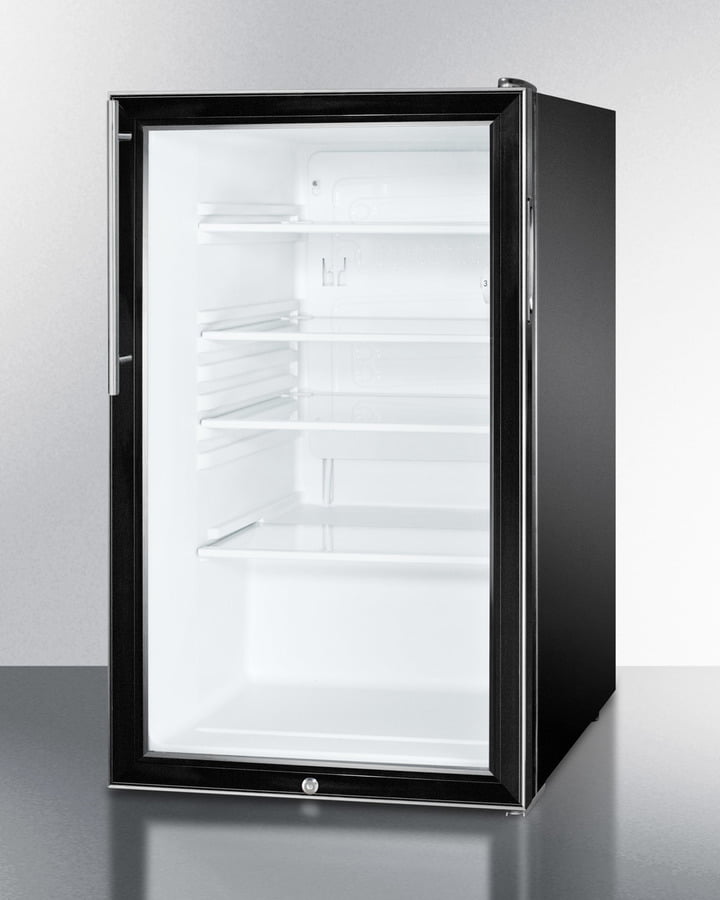 Summit SCR500BL7HV Commercially Listed 20" Wide Glass Door All-Refrigerator For Freestanding Use, Auto Defrost With A Lock, Thin Handle, And Black Cabinet