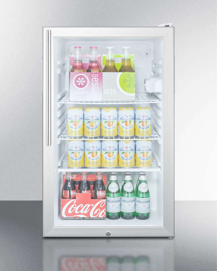 Summit SCR450L7HV Commercially Listed 20" Wide Glass Door All-Refrigerator For Freestanding Use, Auto Defrost With A Lock, White Cabinet, And Thin Handle