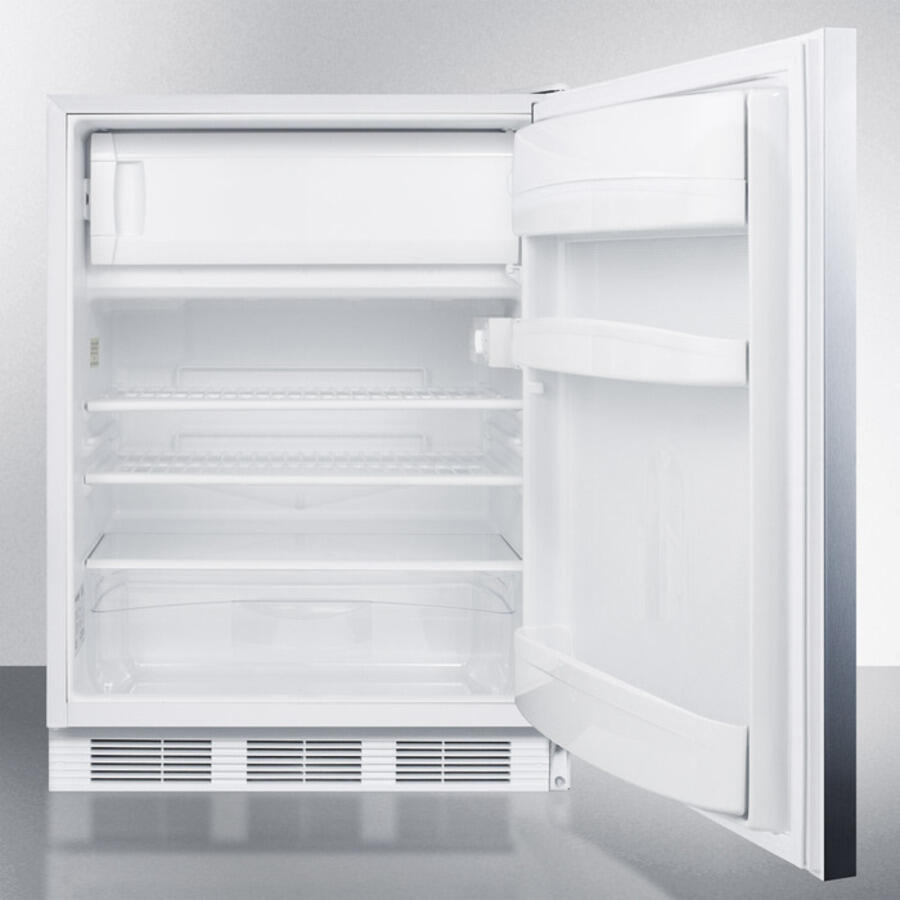 Summit CT661SSHH Freestanding Counter Height Refrigerator-Freezer For Residential Use, Cycle Defrost With A Stainless Steel Wrapped Door, Towel Bar Handle, And White Cabinet