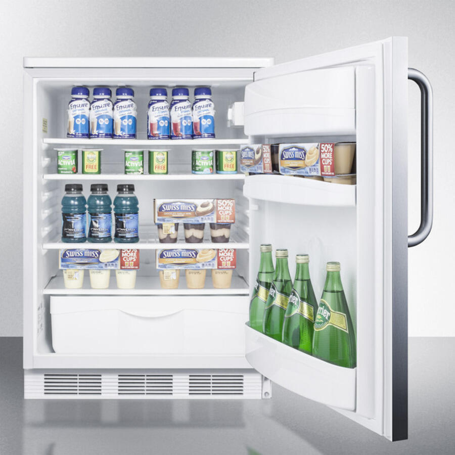 Summit FF6BISSTB Built-In Undercounter All-Refrigerator For General Purpose Use W/Automatic Defrost, Stainless Steel Wrapped Door, Towel Bar Handle, And White Cabinet
