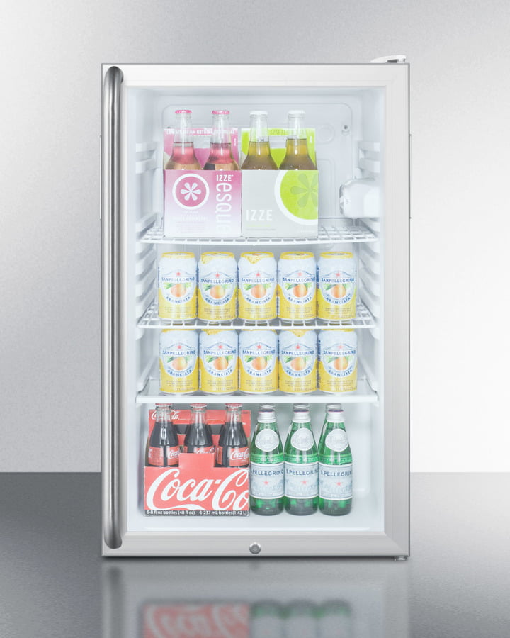 Summit SCR450LBI7SHADA Commercially Listed Ada Compliant 20" Wide Glass Door All-Refrigerator For Built-In Use, Auto Defrost W/Lock, Full-Length Towel Bar Handle And White Cabinet