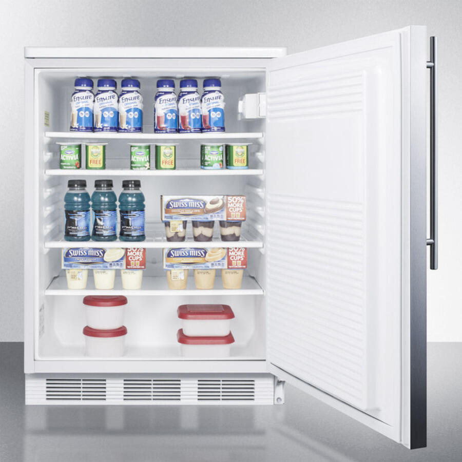 Summit FF7LBISSHV Commercially Listed Built-In Undercounter All-Refrigerator For General Purpose Use, Auto Defrost W/Lock, Ss Door, Thin Handle, And White Cabinet