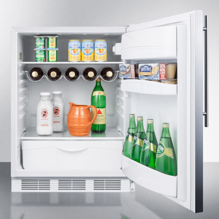 Summit FF61BISSHV Built-In Undercounter All-Refrigerator For Residential Use, Auto Defrost With A Stainless Steel Wrapped Door, Thin Handle, And White Cabinet