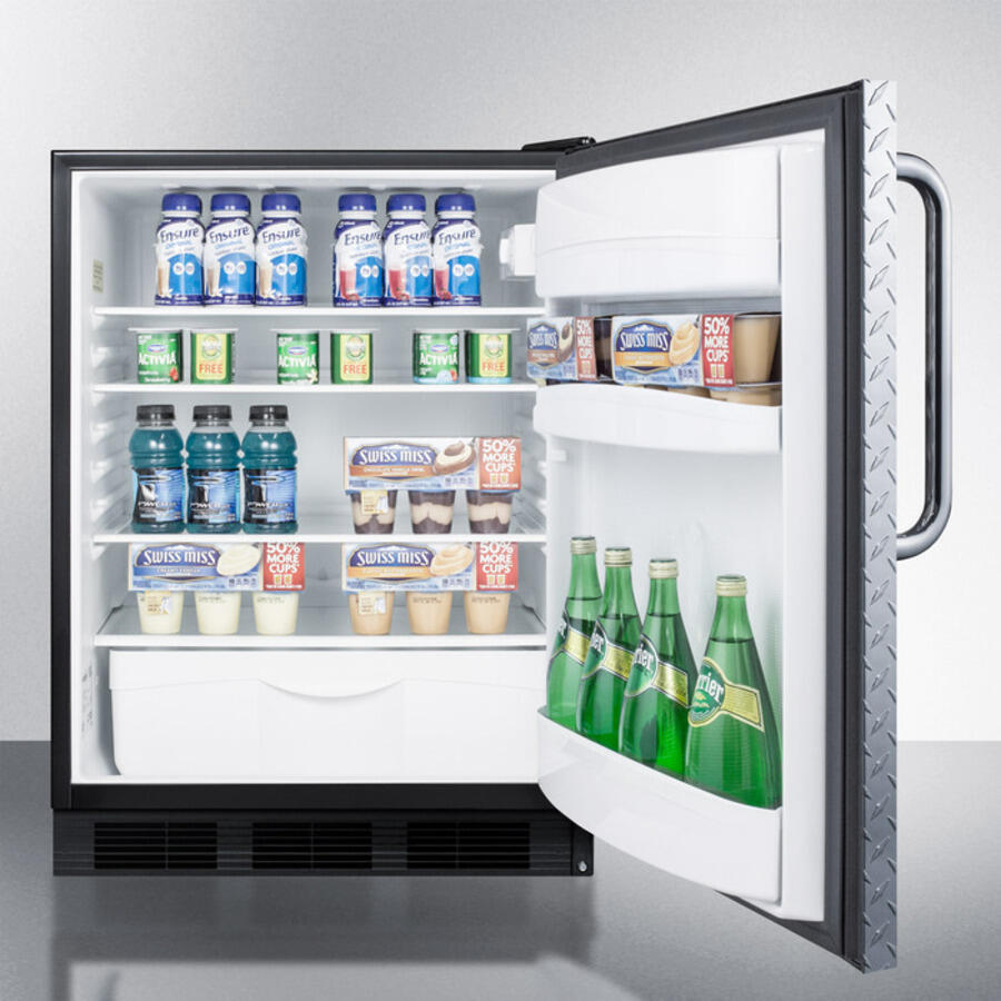 Summit FF6B7DPL Commercially Listed Freestanding All-Refrigerator For General Purpose Use, Auto Defrost W/Diamond Plate Wrapped Door, Towel Bar Handle, And Black Cabinet