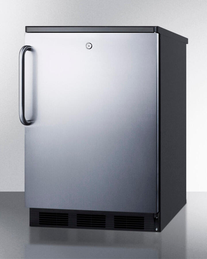 Summit FF7LBLSSTB Commercially Listed Freestanding All-Refrigerator For General Purpose Use, Auto Defrost W/Ss Wrapped Door, Towel Bar Handle, Lock, And Black Cabinet
