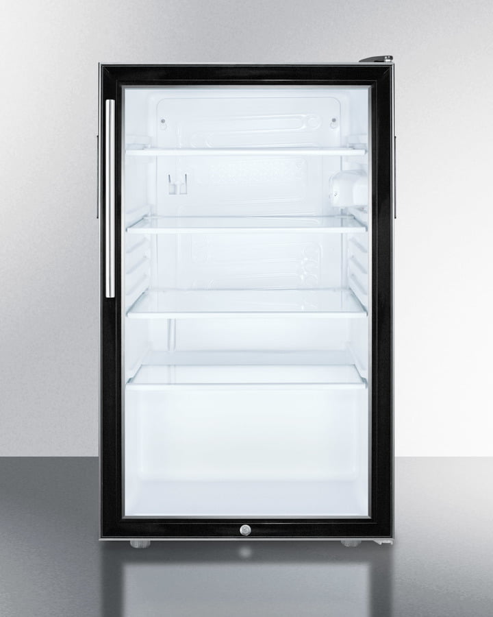 Summit SCR500BL7HV Commercially Listed 20" Wide Glass Door All-Refrigerator For Freestanding Use, Auto Defrost With A Lock, Thin Handle, And Black Cabinet