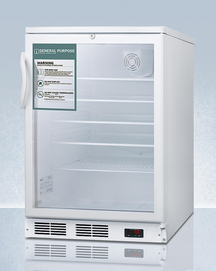 Summit SCR600GLGP Commercially Listed 5.5 Cu.Ft. General Purpose Counter Height All-Refrigerator In A 24" Footprint, With White Cabinet, Glass Door, Digital Thermostat, And Lock