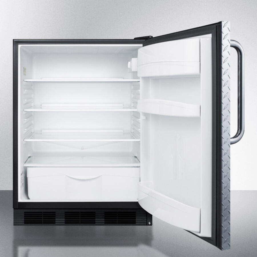Summit FF6B7DPL Commercially Listed Freestanding All-Refrigerator For General Purpose Use, Auto Defrost W/Diamond Plate Wrapped Door, Towel Bar Handle, And Black Cabinet