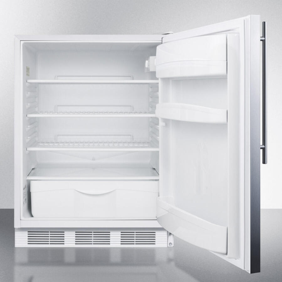 Summit FF6L7SSHVADA Ada Compliant Commercial All-Refrigerator For Freestanding General Purpose Use, Auto Defrost With Lock, Ss Wrapped Door, Thin Handle, And White Cabinet
