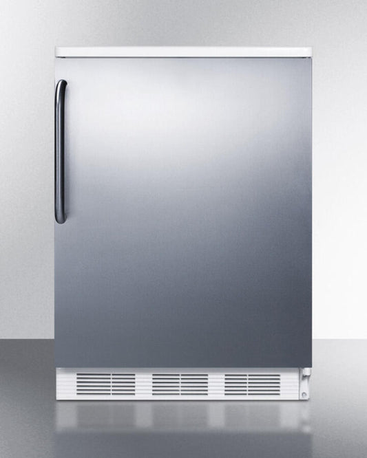 Summit FF6BISSTB Built-In Undercounter All-Refrigerator For General Purpose Use W/Automatic Defrost, Stainless Steel Wrapped Door, Towel Bar Handle, And White Cabinet
