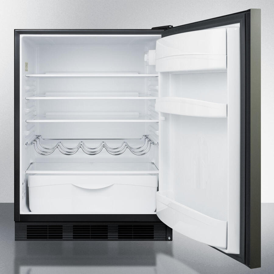 Summit FF63BBIKSHH Built-In Undercounter All-Refrigerator For Residential Use, Auto Defrost With A Black Stainless Steel Wrapped Door, Horizontal Handle, And Black Cabinet