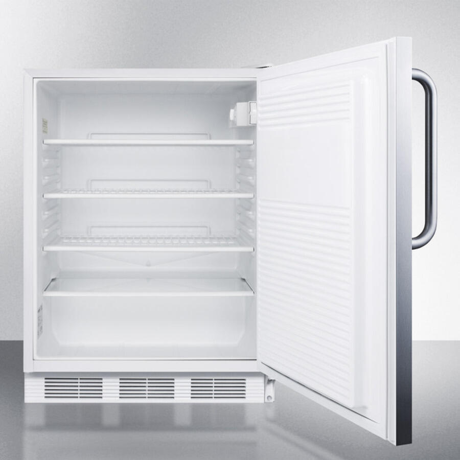 Summit AL750BISSTB Ada Compliant Built-In Undercounter All-Refrigerator For General Purpose Use, Auto Defrost W/Ss Wrapped Door, Towel Bar Handle, And White Cabinet